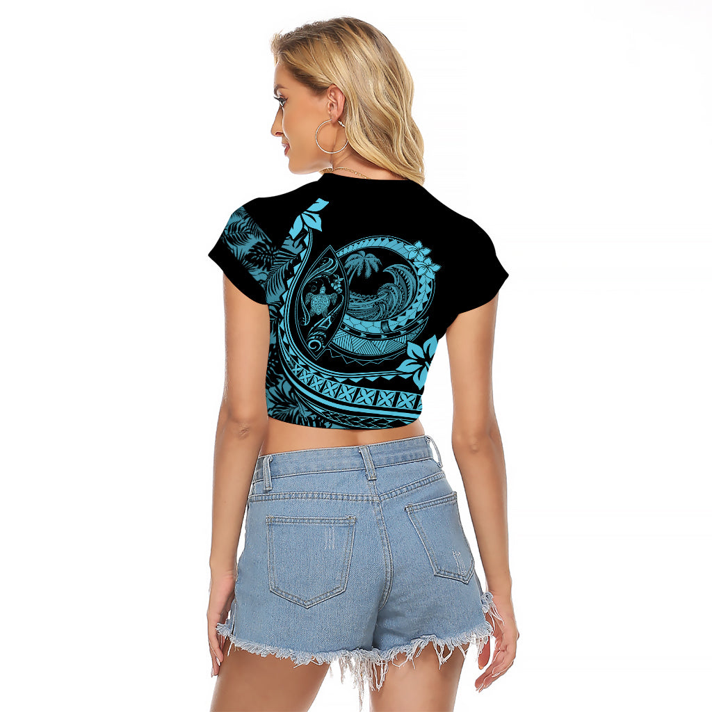Polynesian Plumeria Raglan Cropped T Shirt Ride The Waves - Turquoise - Wonder Print Shop