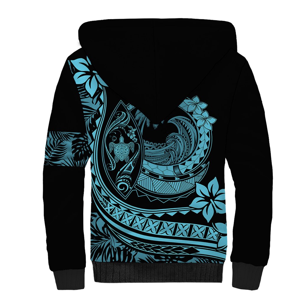 Polynesian Plumeria Sherpa Hoodie Ride The Waves - Turquoise - Wonder Print Shop