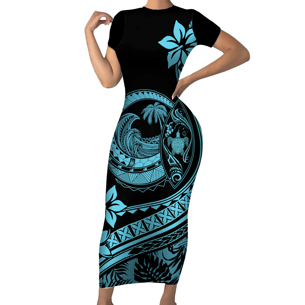 Polynesian Plumeria Short Sleeve Bodycon Dress Ride The Waves - Turquoise - Wonder Print Shop