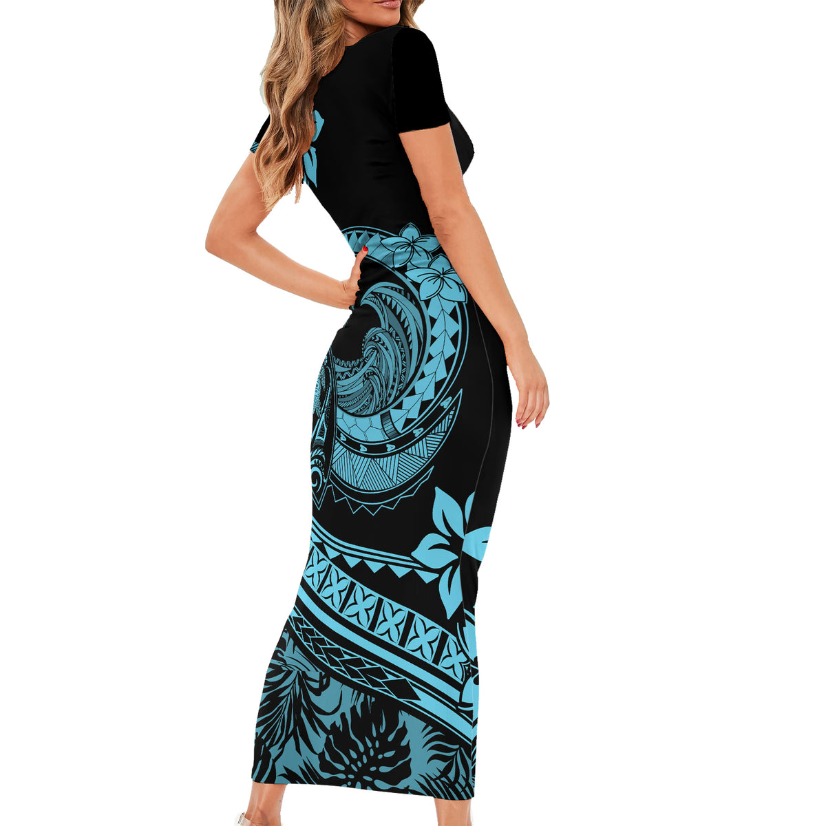 Polynesian Plumeria Short Sleeve Bodycon Dress Ride The Waves - Turquoise - Wonder Print Shop