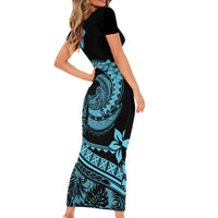 Polynesian Plumeria Short Sleeve Bodycon Dress Ride The Waves - Turquoise - Wonder Print Shop