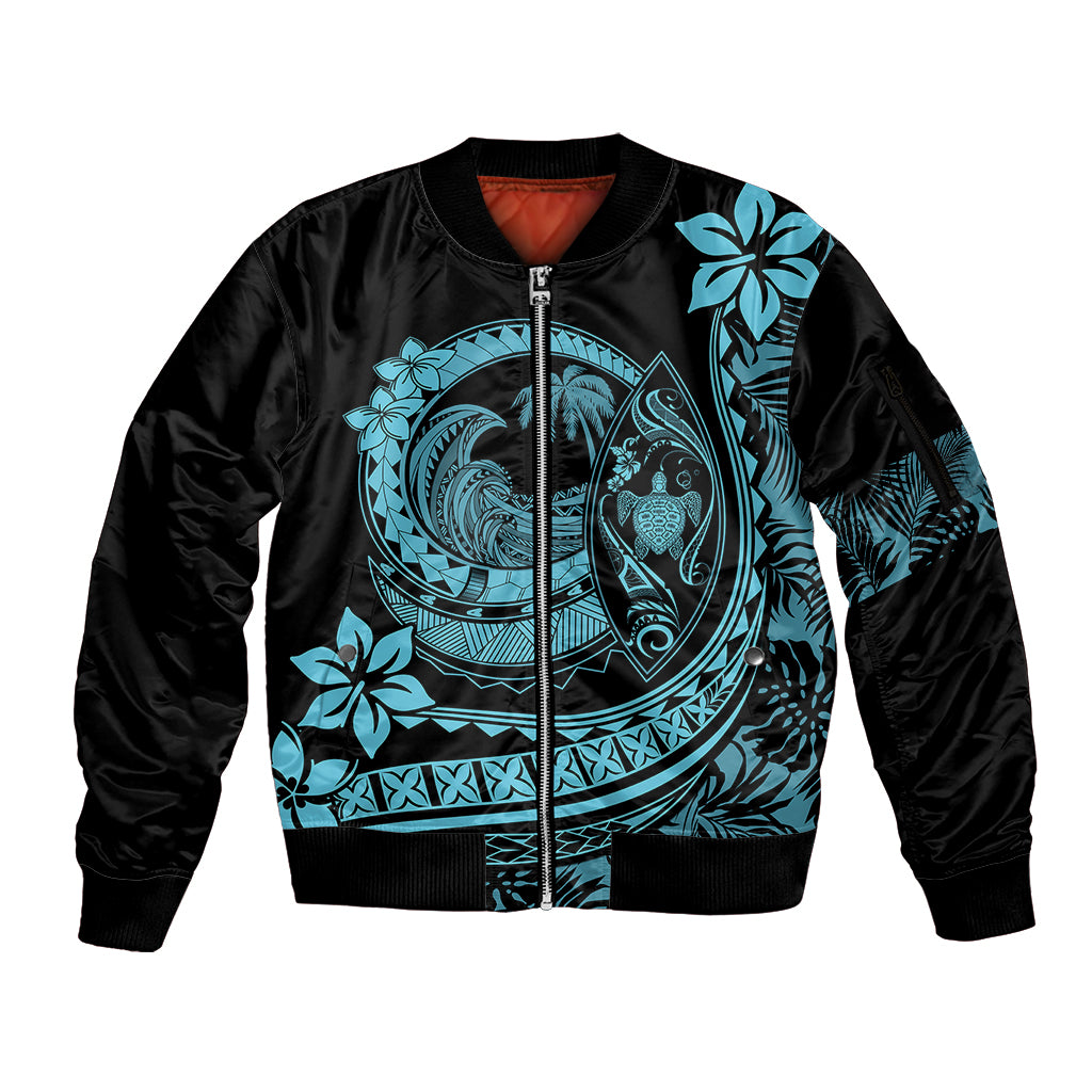 Polynesian Plumeria Sleeve Zip Bomber Jacket Ride The Waves - Turquoise - Wonder Print Shop
