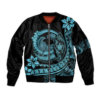 Polynesian Plumeria Sleeve Zip Bomber Jacket Ride The Waves - Turquoise - Wonder Print Shop