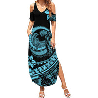 Polynesian Plumeria Summer Maxi Dress Ride The Waves - Turquoise - Wonder Print Shop