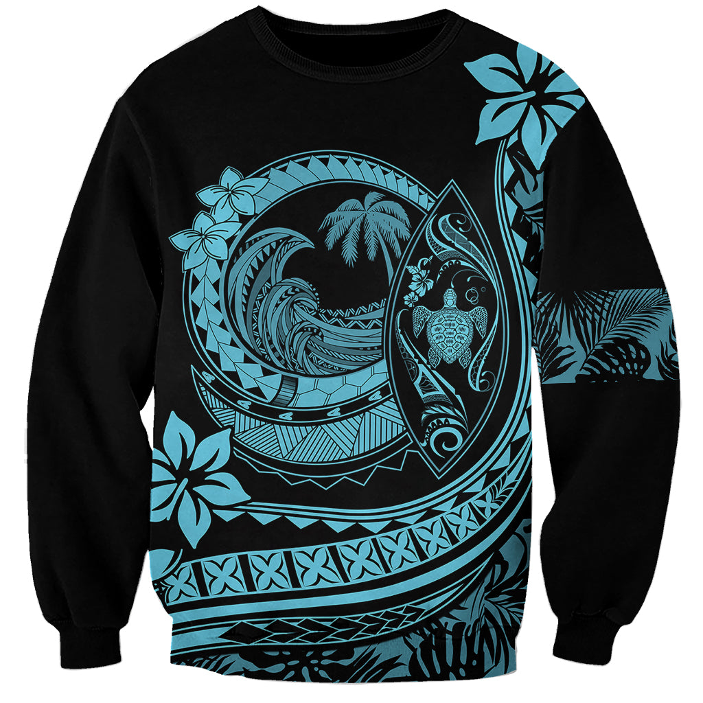 Polynesian Plumeria Sweatshirt Ride The Waves - Turquoise - Wonder Print Shop