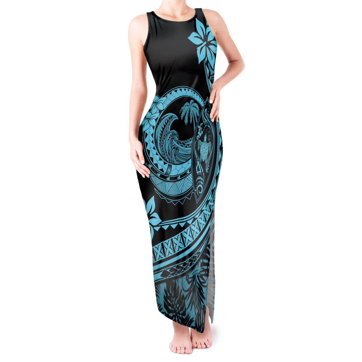 Polynesian Plumeria Tank Maxi Dress Ride The Waves - Turquoise - Wonder Print Shop