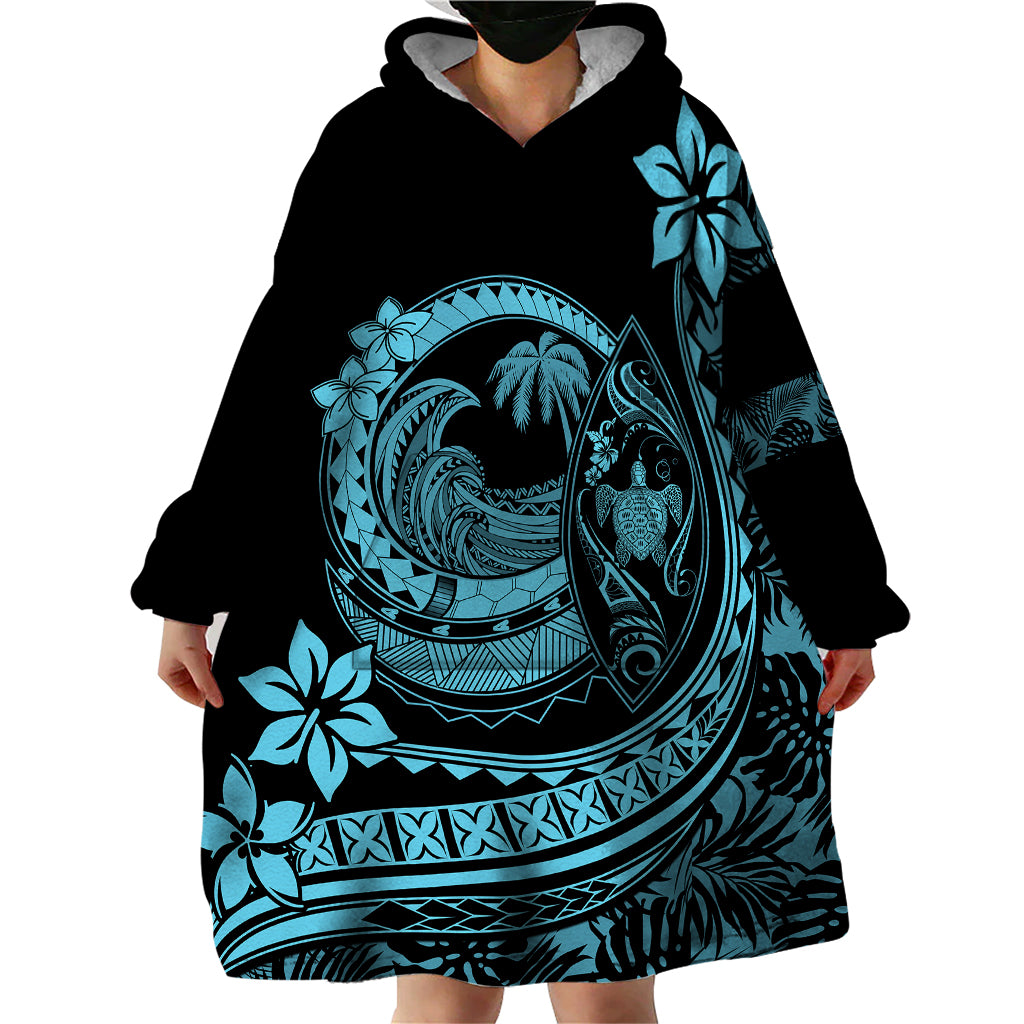 Polynesian Plumeria Wearable Blanket Hoodie Ride The Waves - Turquoise - Wonder Print Shop