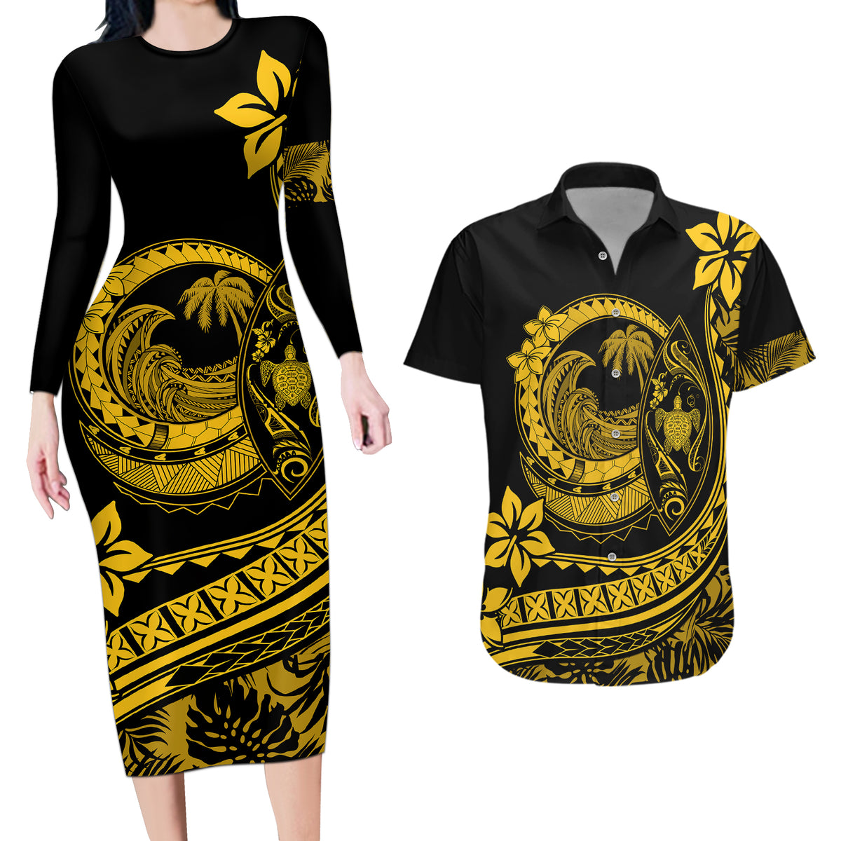 Polynesian Plumeria Couples Matching Long Sleeve Bodycon Dress and Hawaiian Shirt Ride The Waves - Yellow LT7 - Wonder Print Shop