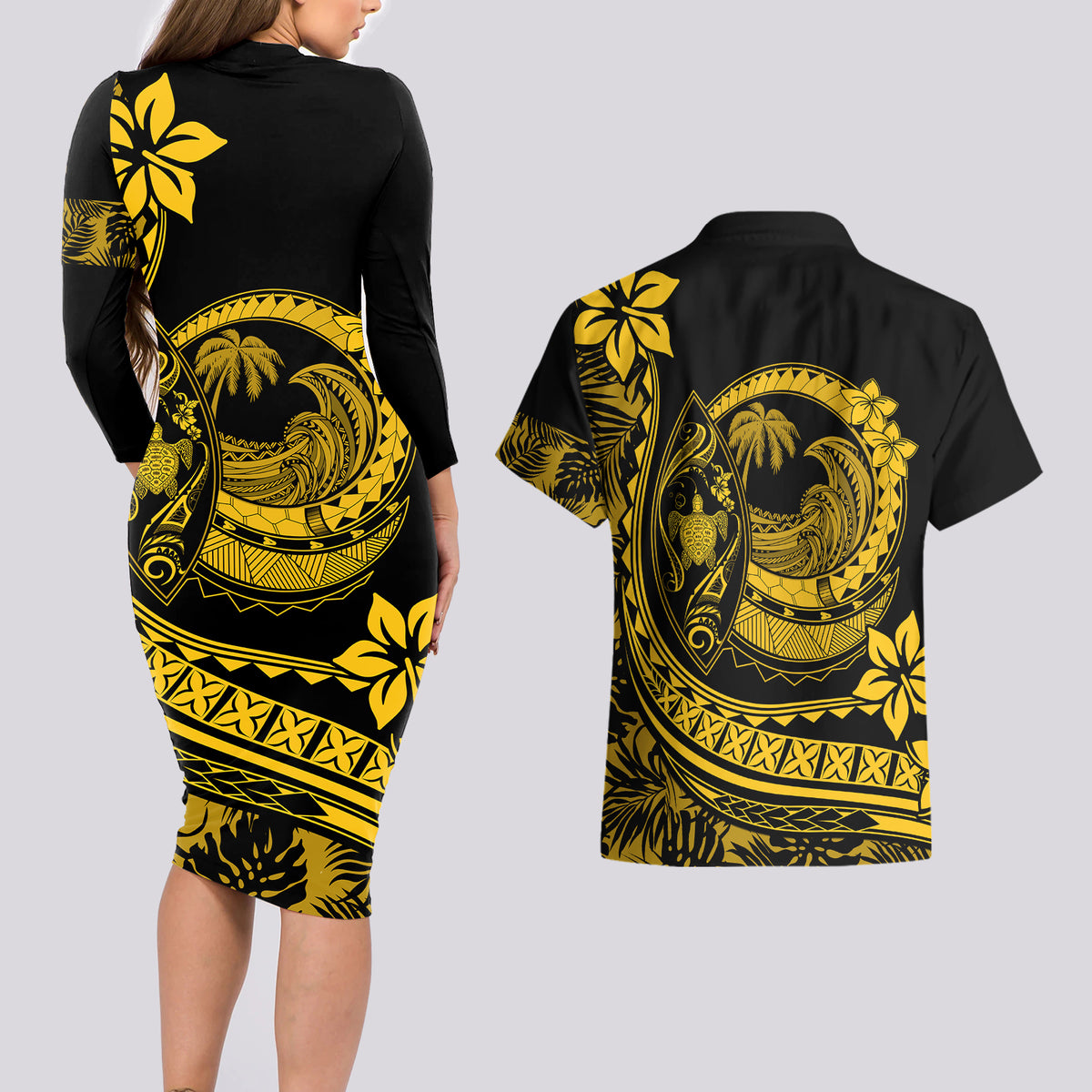 Polynesian Plumeria Couples Matching Long Sleeve Bodycon Dress and Hawaiian Shirt Ride The Waves - Yellow LT7 - Wonder Print Shop
