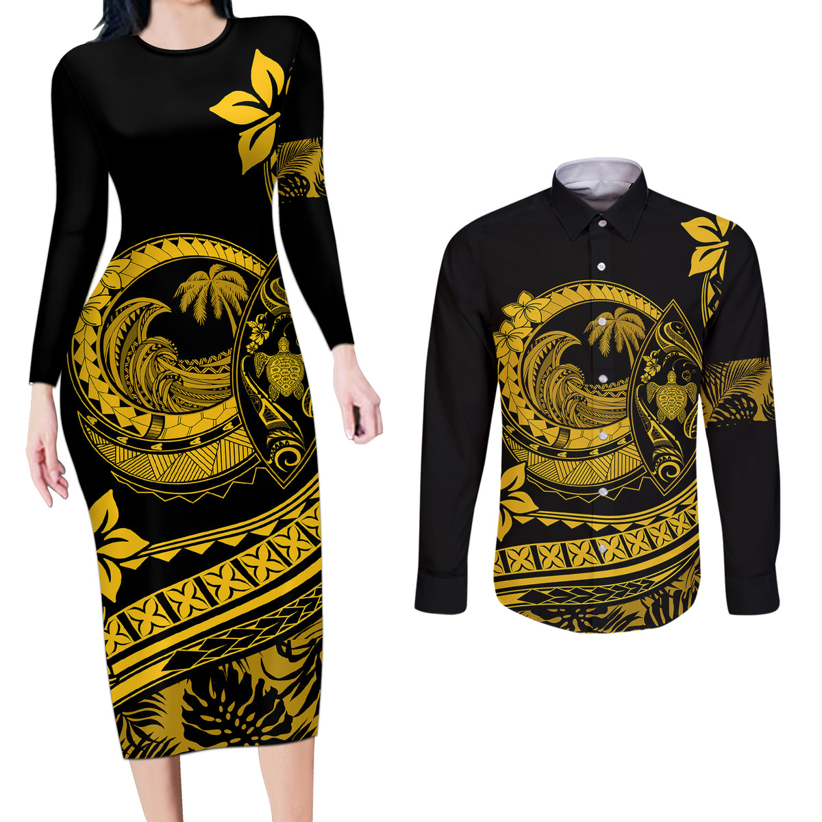Polynesian Plumeria Couples Matching Long Sleeve Bodycon Dress and Long Sleeve Button Shirts Ride The Waves - Yellow LT7 - Wonder Print Shop