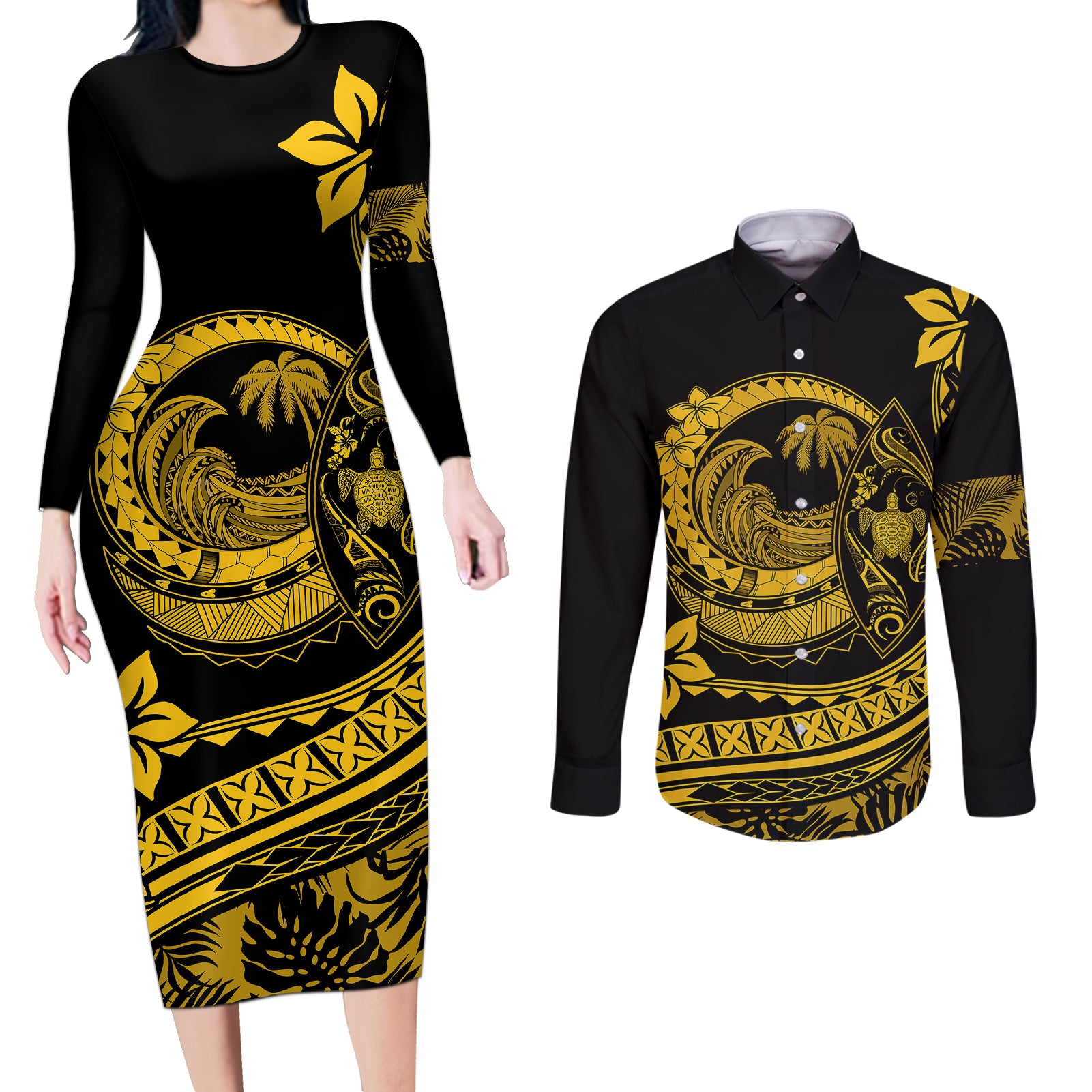 Polynesian Plumeria Couples Matching Long Sleeve Bodycon Dress and Long Sleeve Button Shirts Ride The Waves - Yellow LT7 - Wonder Print Shop