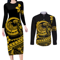 Polynesian Plumeria Couples Matching Long Sleeve Bodycon Dress and Long Sleeve Button Shirts Ride The Waves - Yellow LT7 - Wonder Print Shop