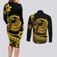 Polynesian Plumeria Couples Matching Long Sleeve Bodycon Dress and Long Sleeve Button Shirts Ride The Waves - Yellow LT7 - Wonder Print Shop