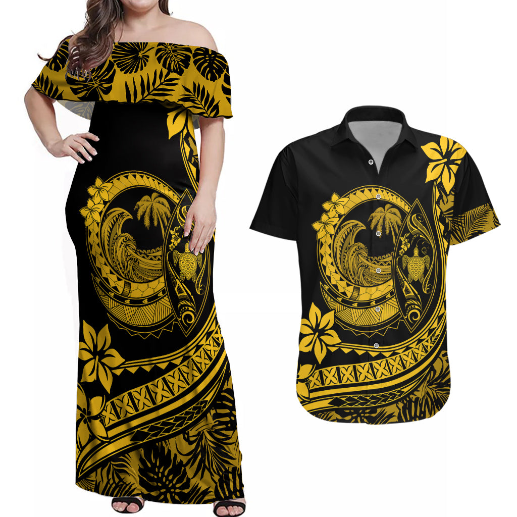 Polynesian Plumeria Couples Matching Off Shoulder Maxi Dress and Hawaiian Shirt Ride The Waves - Yellow LT7 - Wonder Print Shop