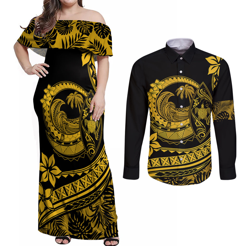Polynesian Plumeria Couples Matching Off Shoulder Maxi Dress and Long Sleeve Button Shirts Ride The Waves - Yellow LT7 - Wonder Print Shop