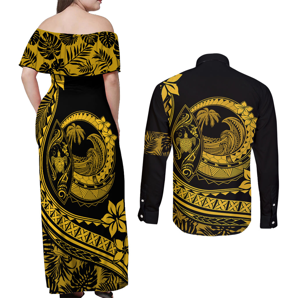 Polynesian Plumeria Couples Matching Off Shoulder Maxi Dress and Long Sleeve Button Shirts Ride The Waves - Yellow LT7 - Wonder Print Shop