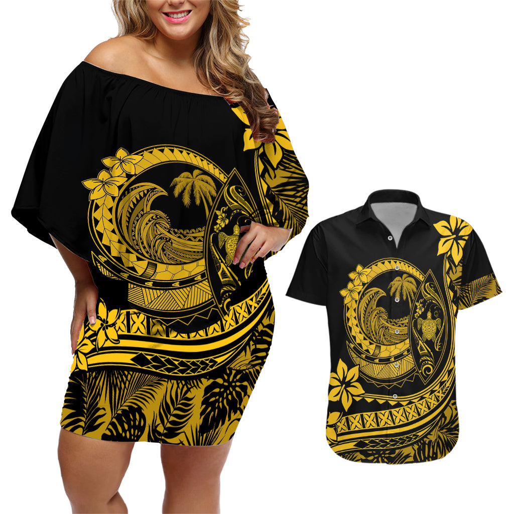 Polynesian Plumeria Couples Matching Off Shoulder Short Dress and Hawaiian Shirt Ride The Waves - Yellow LT7 - Wonder Print Shop