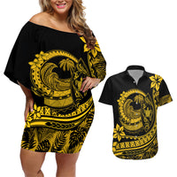 Polynesian Plumeria Couples Matching Off Shoulder Short Dress and Hawaiian Shirt Ride The Waves - Yellow LT7 - Wonder Print Shop