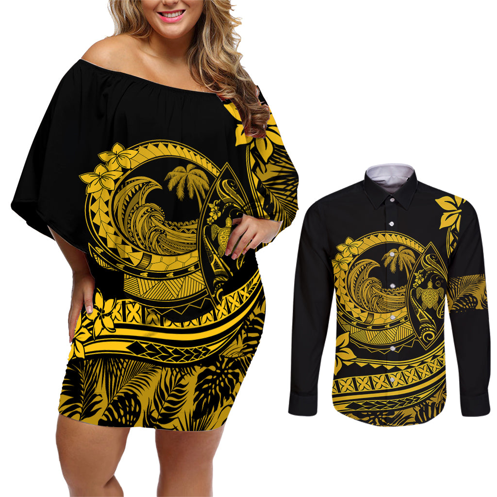 Polynesian Plumeria Couples Matching Off Shoulder Short Dress and Long Sleeve Button Shirts Ride The Waves - Yellow LT7 - Wonder Print Shop
