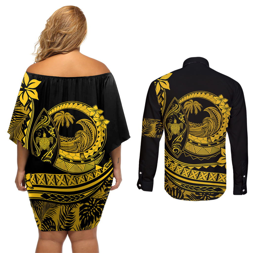 Polynesian Plumeria Couples Matching Off Shoulder Short Dress and Long Sleeve Button Shirts Ride The Waves - Yellow LT7 - Wonder Print Shop