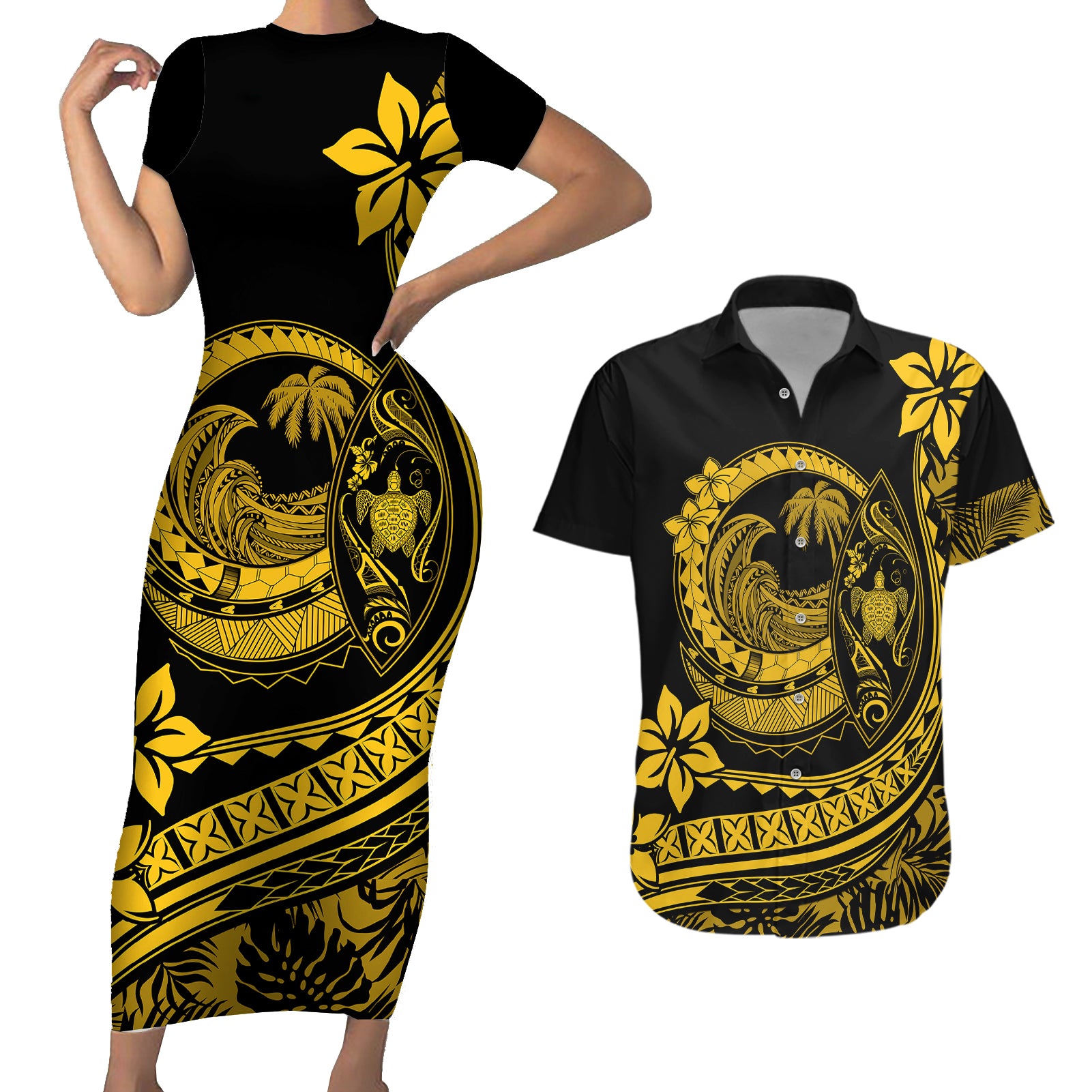 Polynesian Plumeria Couples Matching Short Sleeve Bodycon Dress and Hawaiian Shirt Ride The Waves - Yellow LT7 - Wonder Print Shop