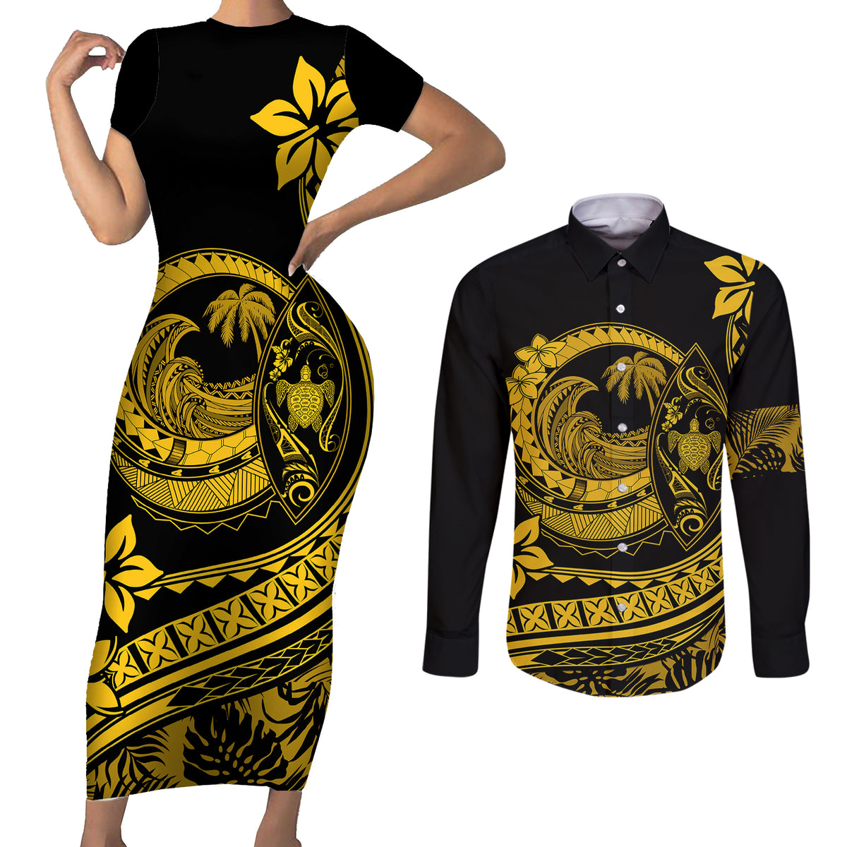 Polynesian Plumeria Couples Matching Short Sleeve Bodycon Dress and Long Sleeve Button Shirts Ride The Waves - Yellow LT7 - Wonder Print Shop
