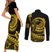 Polynesian Plumeria Couples Matching Short Sleeve Bodycon Dress and Long Sleeve Button Shirts Ride The Waves - Yellow LT7 - Wonder Print Shop