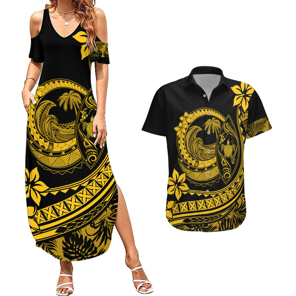 Polynesian Plumeria Couples Matching Summer Maxi Dress and Hawaiian Shirt Ride The Waves - Yellow LT7 - Wonder Print Shop