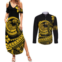 Polynesian Plumeria Couples Matching Summer Maxi Dress and Long Sleeve Button Shirts Ride The Waves - Yellow LT7 - Wonder Print Shop