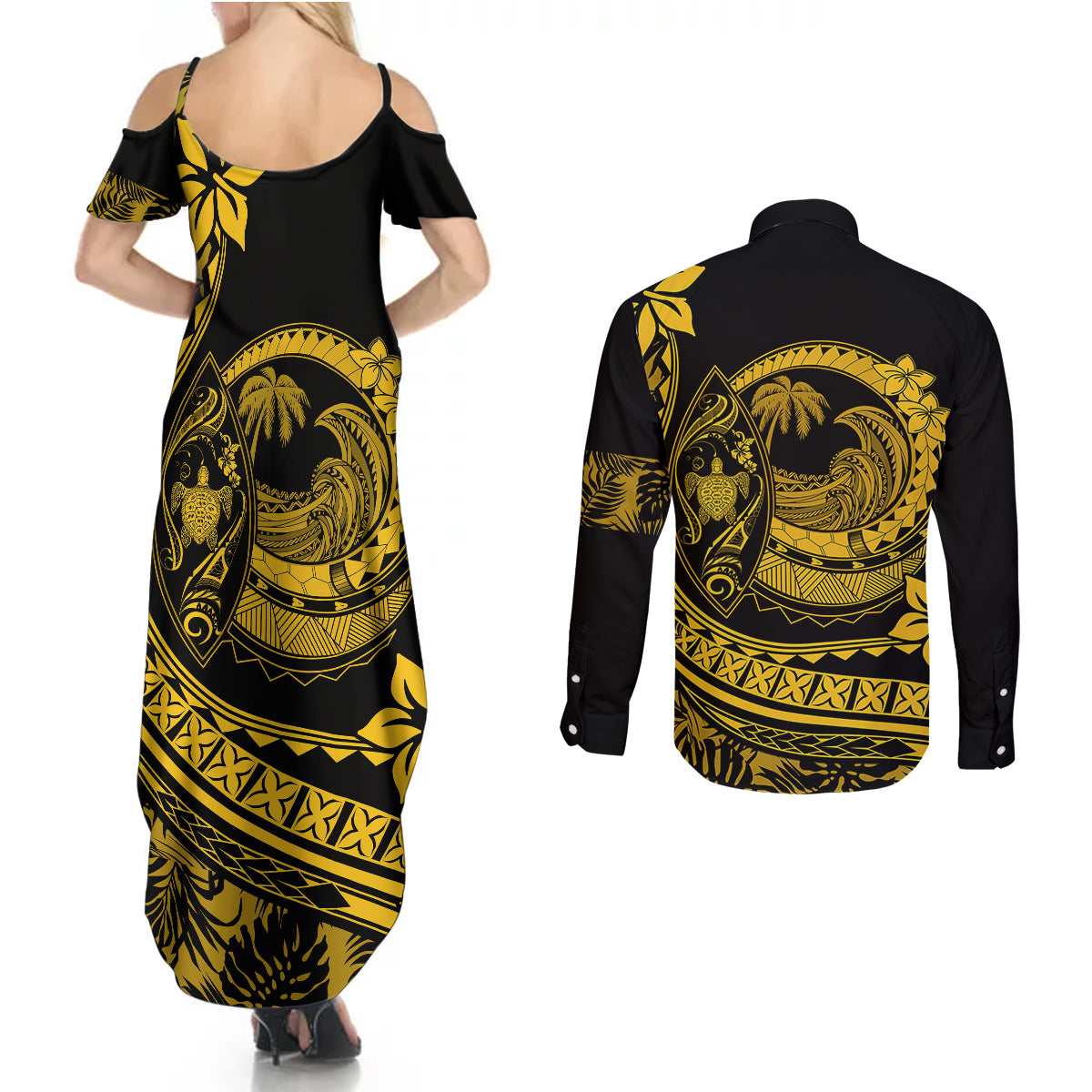 Polynesian Plumeria Couples Matching Summer Maxi Dress and Long Sleeve Button Shirts Ride The Waves - Yellow LT7 - Wonder Print Shop