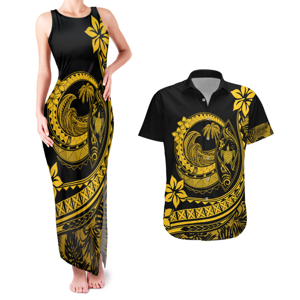 Polynesian Plumeria Couples Matching Tank Maxi Dress And Hawaiian Shirt Ride The Waves - Yellow LT7 - Wonder Print Shop