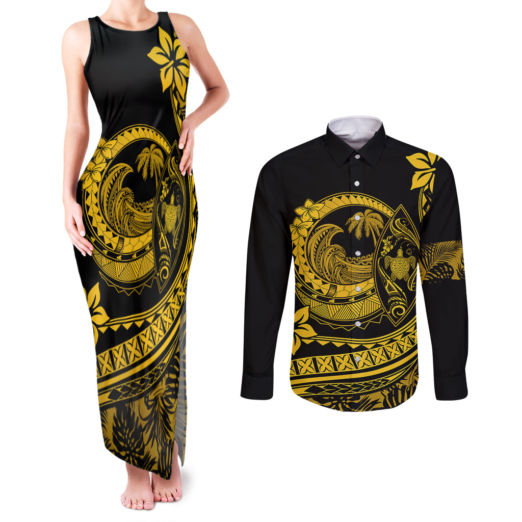 Polynesian Plumeria Couples Matching Tank Maxi Dress and Long Sleeve Button Shirts Ride The Waves - Yellow LT7 - Wonder Print Shop