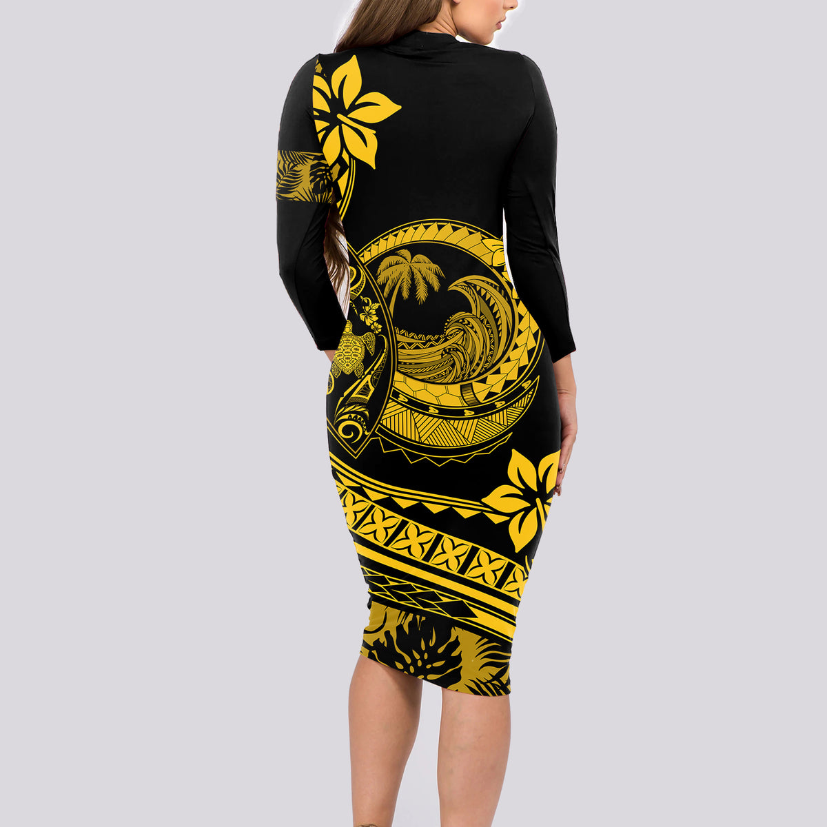 Polynesian Plumeria Long Sleeve Bodycon Dress Ride The Waves - Yellow - Wonder Print Shop