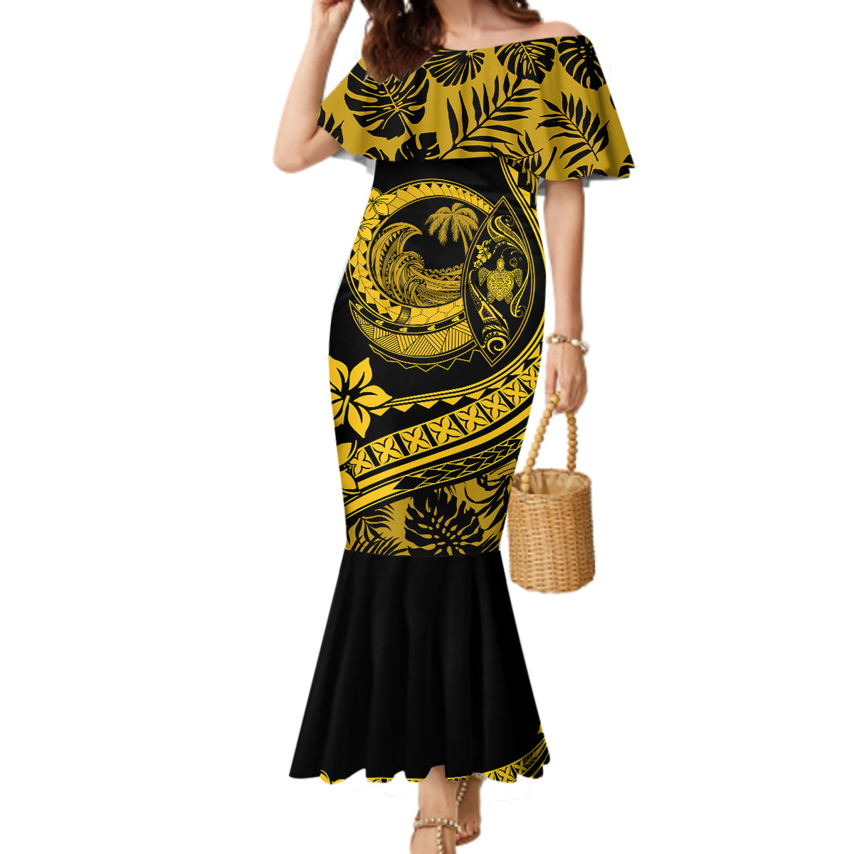 Polynesian Plumeria Mermaid Dress Ride The Waves - Yellow - Wonder Print Shop