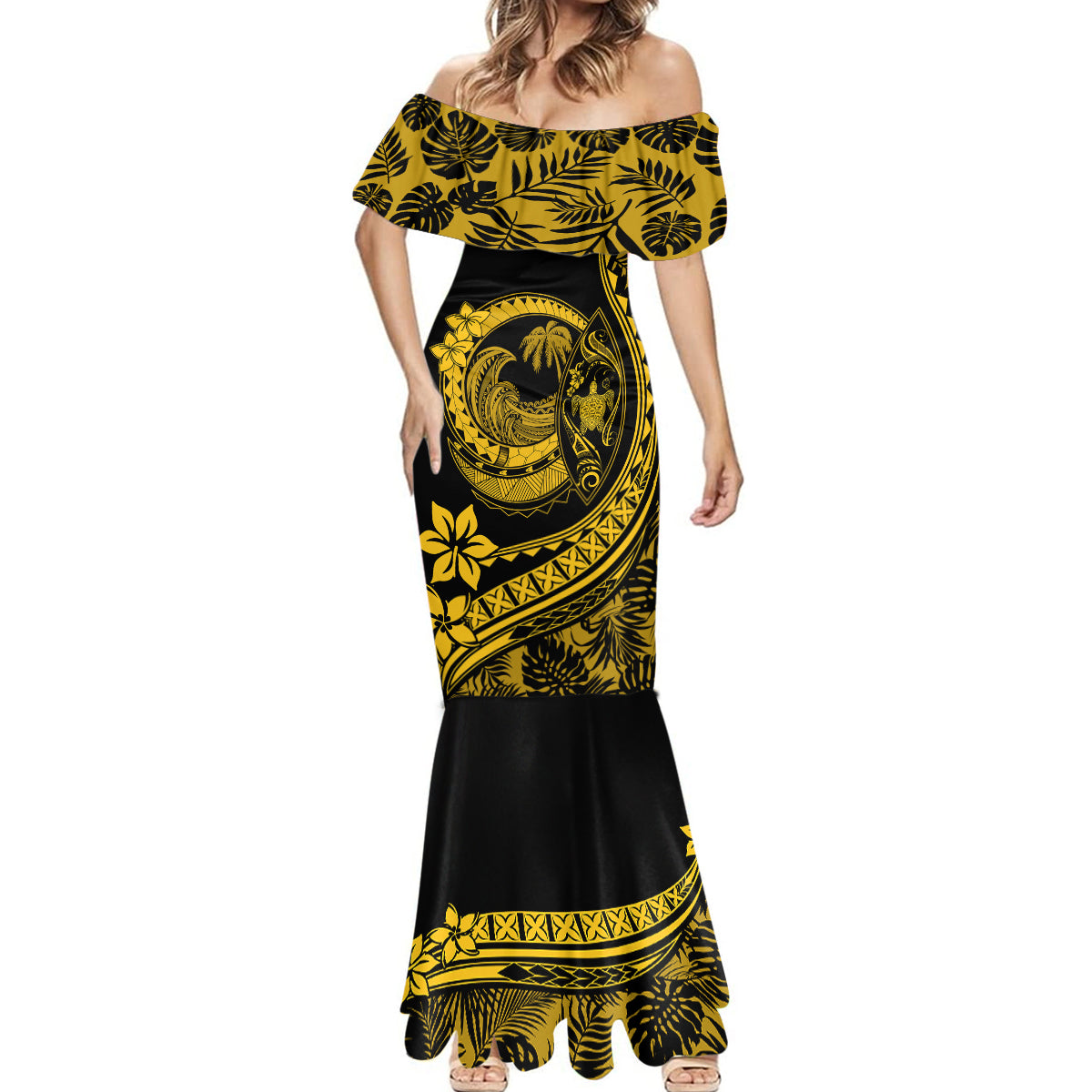 Polynesian Plumeria Mermaid Dress Ride The Waves - Yellow - Wonder Print Shop