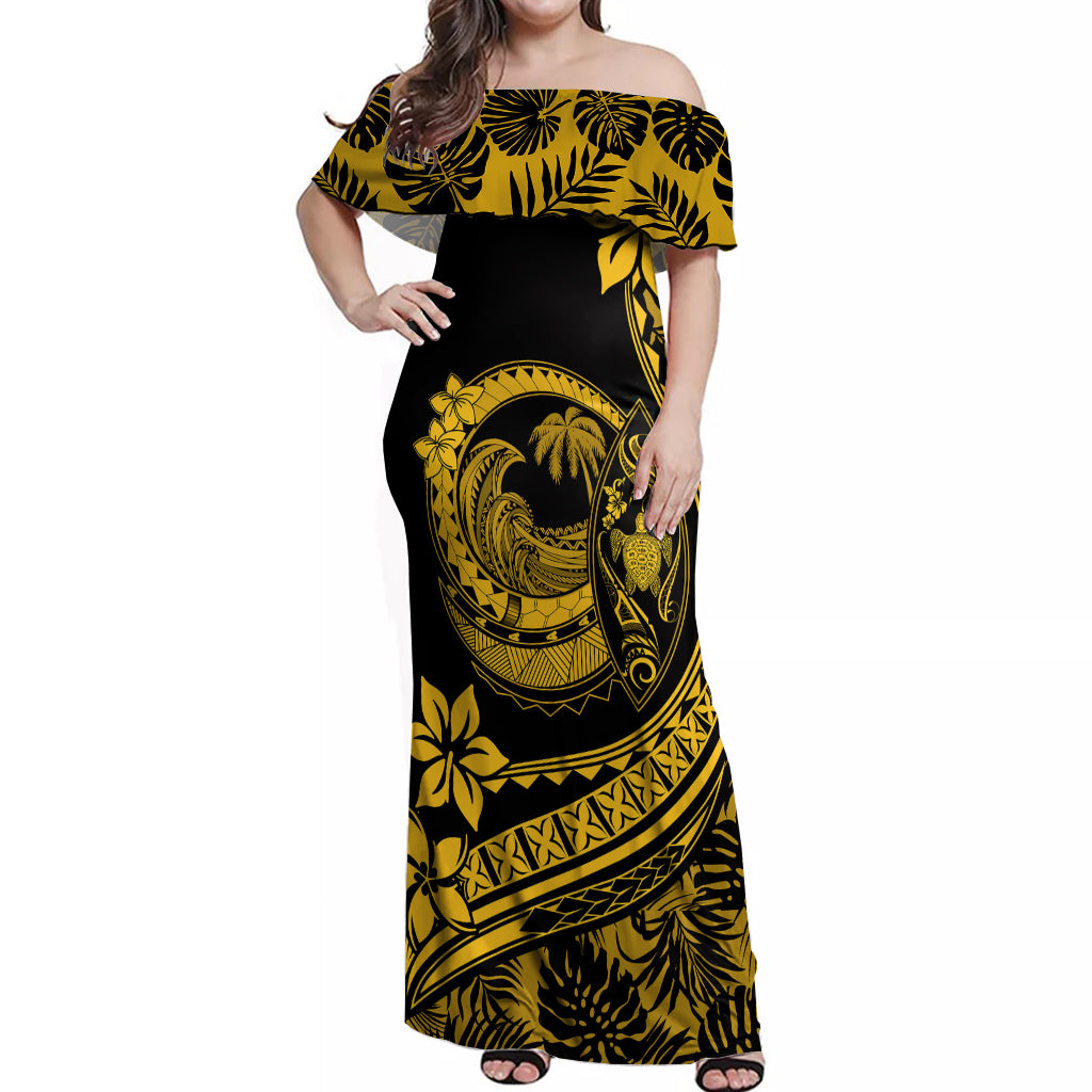 Polynesian Plumeria Off Shoulder Maxi Dress Ride The Waves - Yellow - Wonder Print Shop