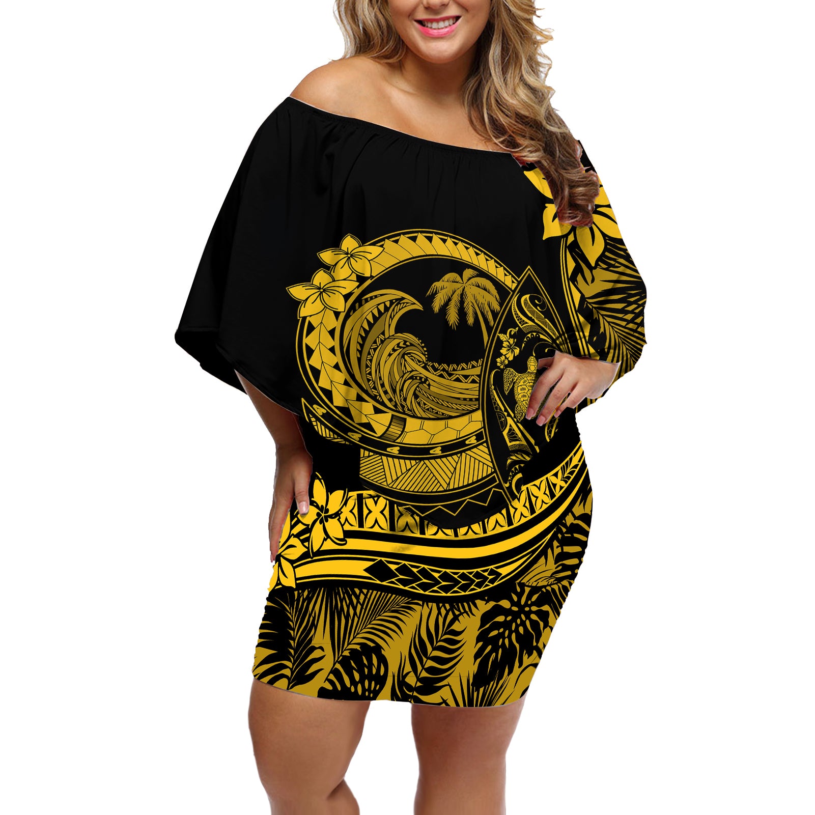 Polynesian Plumeria Off Shoulder Short Dress Ride The Waves - Yellow - Wonder Print Shop