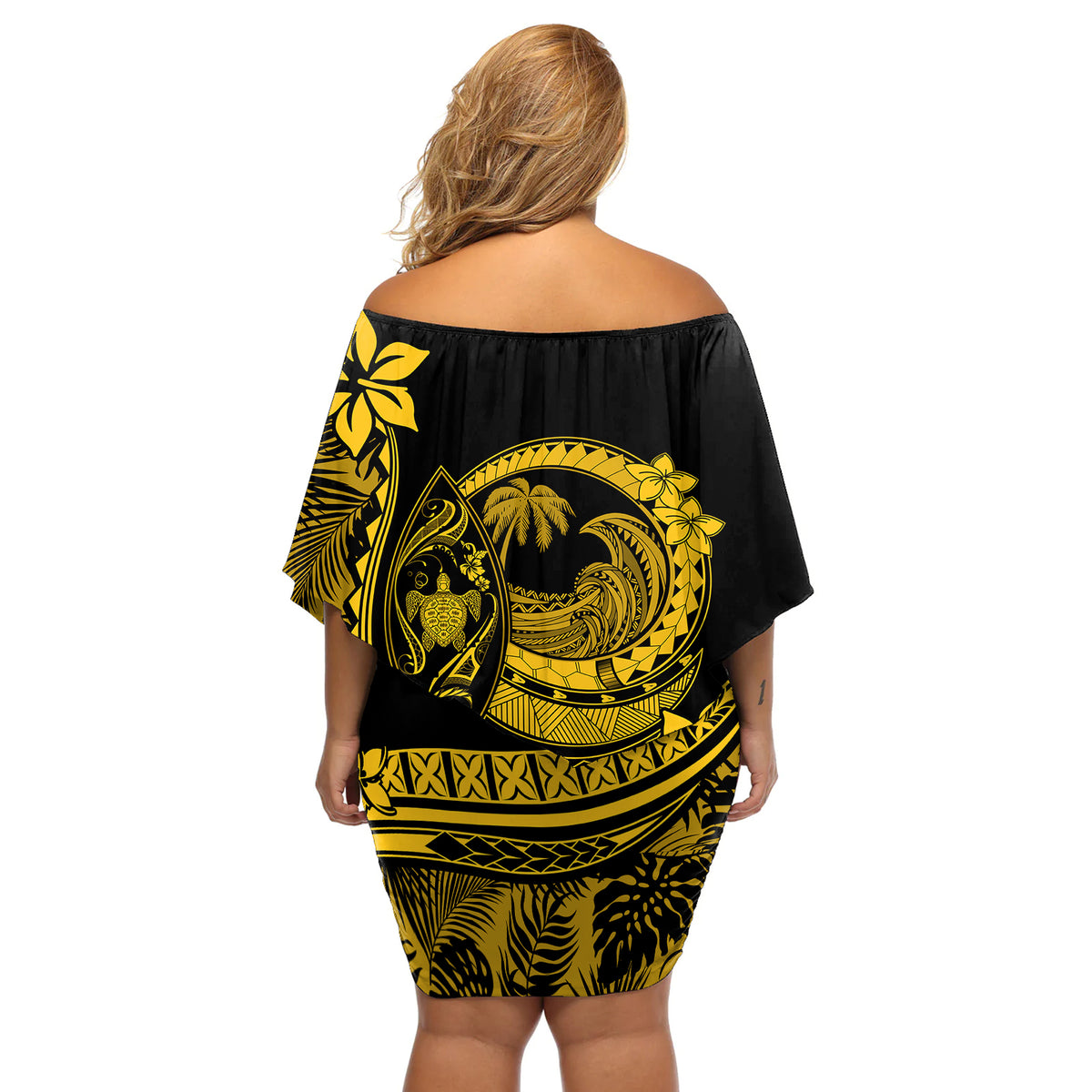 Polynesian Plumeria Off Shoulder Short Dress Ride The Waves - Yellow - Wonder Print Shop