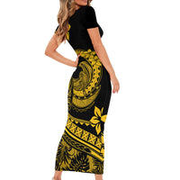 Polynesian Plumeria Short Sleeve Bodycon Dress Ride The Waves - Yellow - Wonder Print Shop