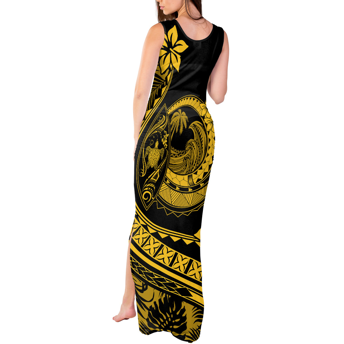 Polynesian Plumeria Tank Maxi Dress Ride The Waves - Yellow - Wonder Print Shop