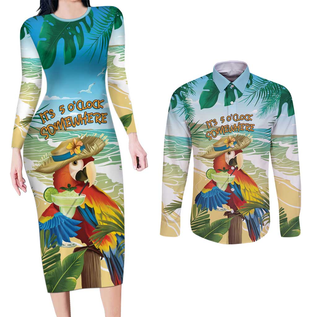 Aloha Hawaii It's 5 o'clock Somewhere Couples Matching Long Sleeve Bodycon Dress and Long Sleeve Button Shirt - Wonder Print Shop