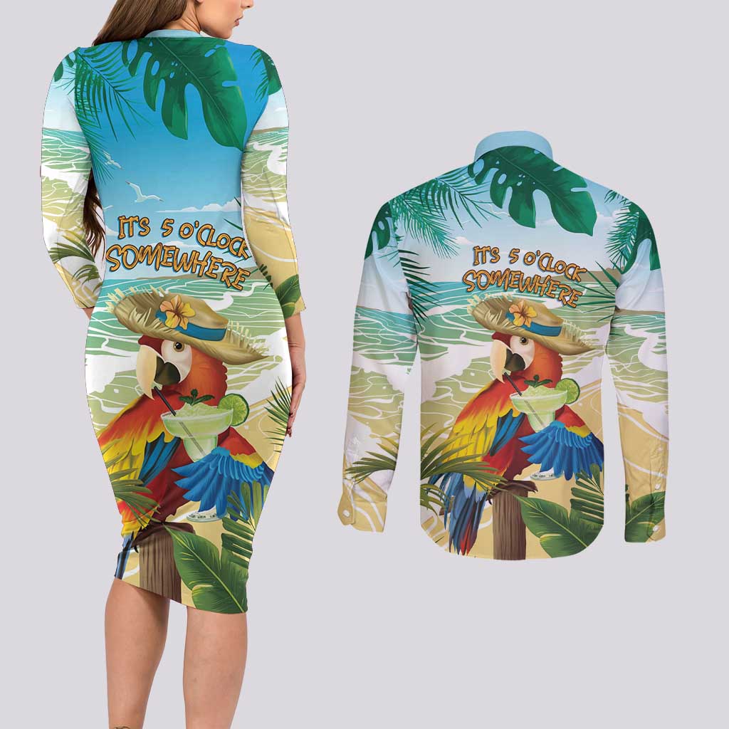 Aloha Hawaii It's 5 o'clock Somewhere Couples Matching Long Sleeve Bodycon Dress and Long Sleeve Button Shirt - Wonder Print Shop