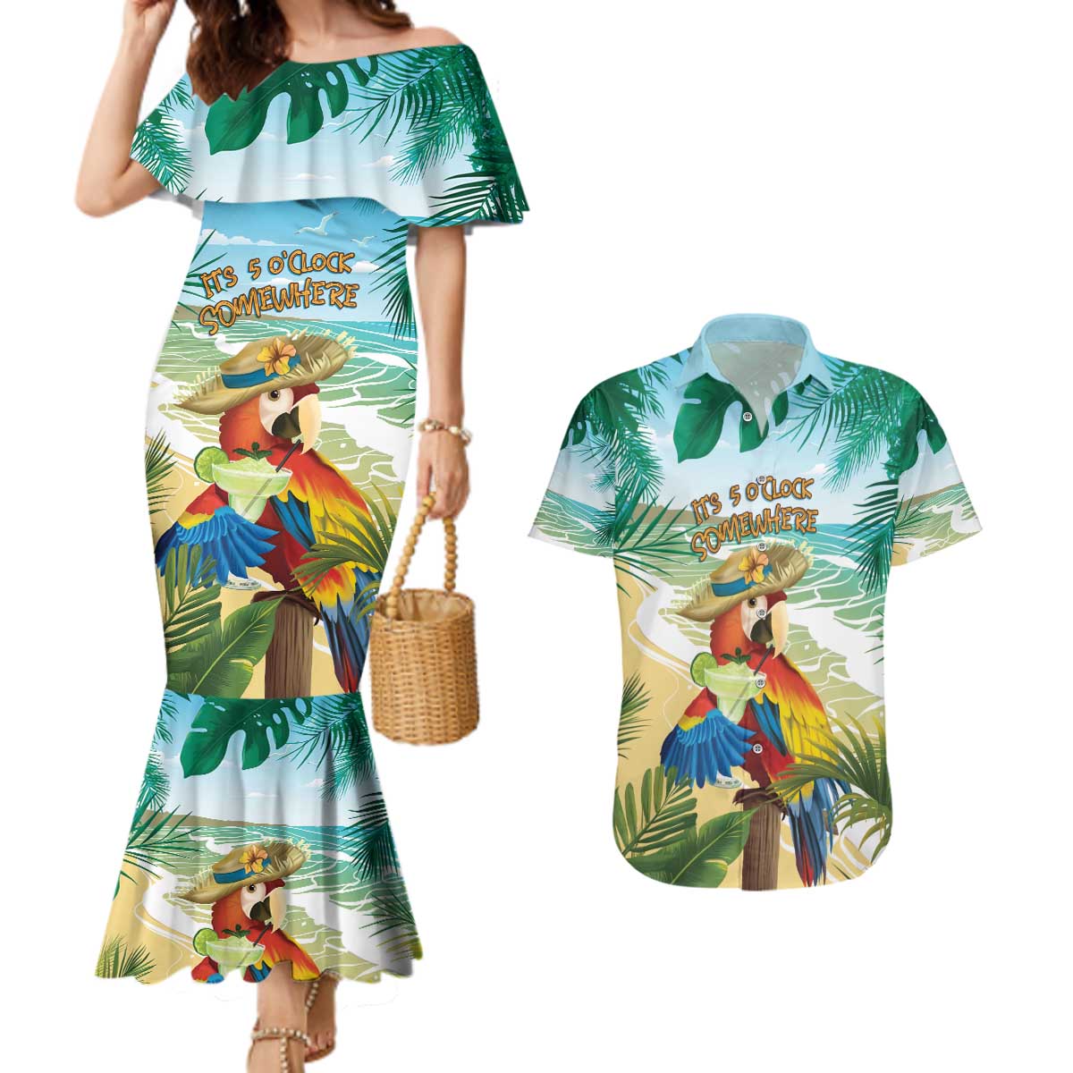 Aloha Hawaii It's 5 o'clock Somewhere Couples Matching Mermaid Dress and Hawaiian Shirt - Wonder Print Shop