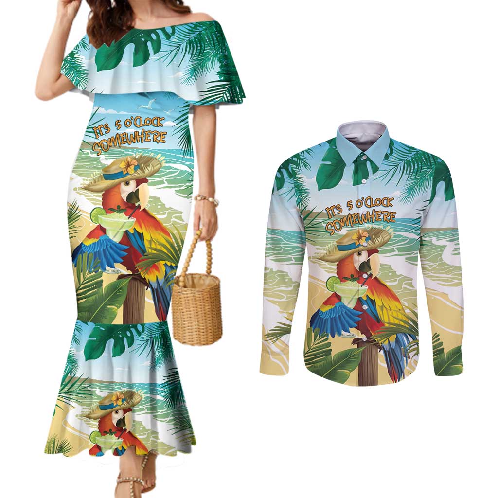 Aloha Hawaii It's 5 o'clock Somewhere Couples Matching Mermaid Dress and Long Sleeve Button Shirt - Wonder Print Shop