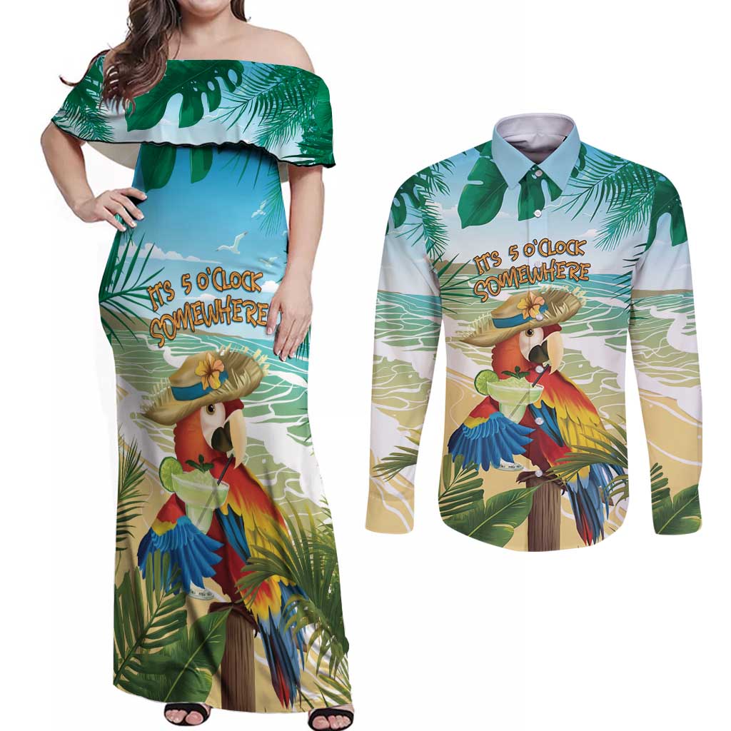 Aloha Hawaii It's 5 o'clock Somewhere Couples Matching Off Shoulder Maxi Dress and Long Sleeve Button Shirt - Wonder Print Shop