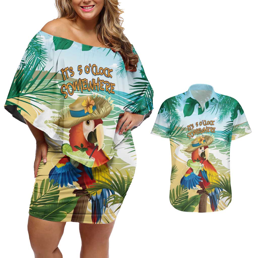 Aloha Hawaii It's 5 o'clock Somewhere Couples Matching Off Shoulder Short Dress and Hawaiian Shirt - Wonder Print Shop