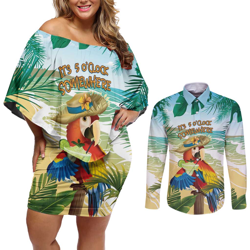 Aloha Hawaii It's 5 o'clock Somewhere Couples Matching Off Shoulder Short Dress and Long Sleeve Button Shirt - Wonder Print Shop