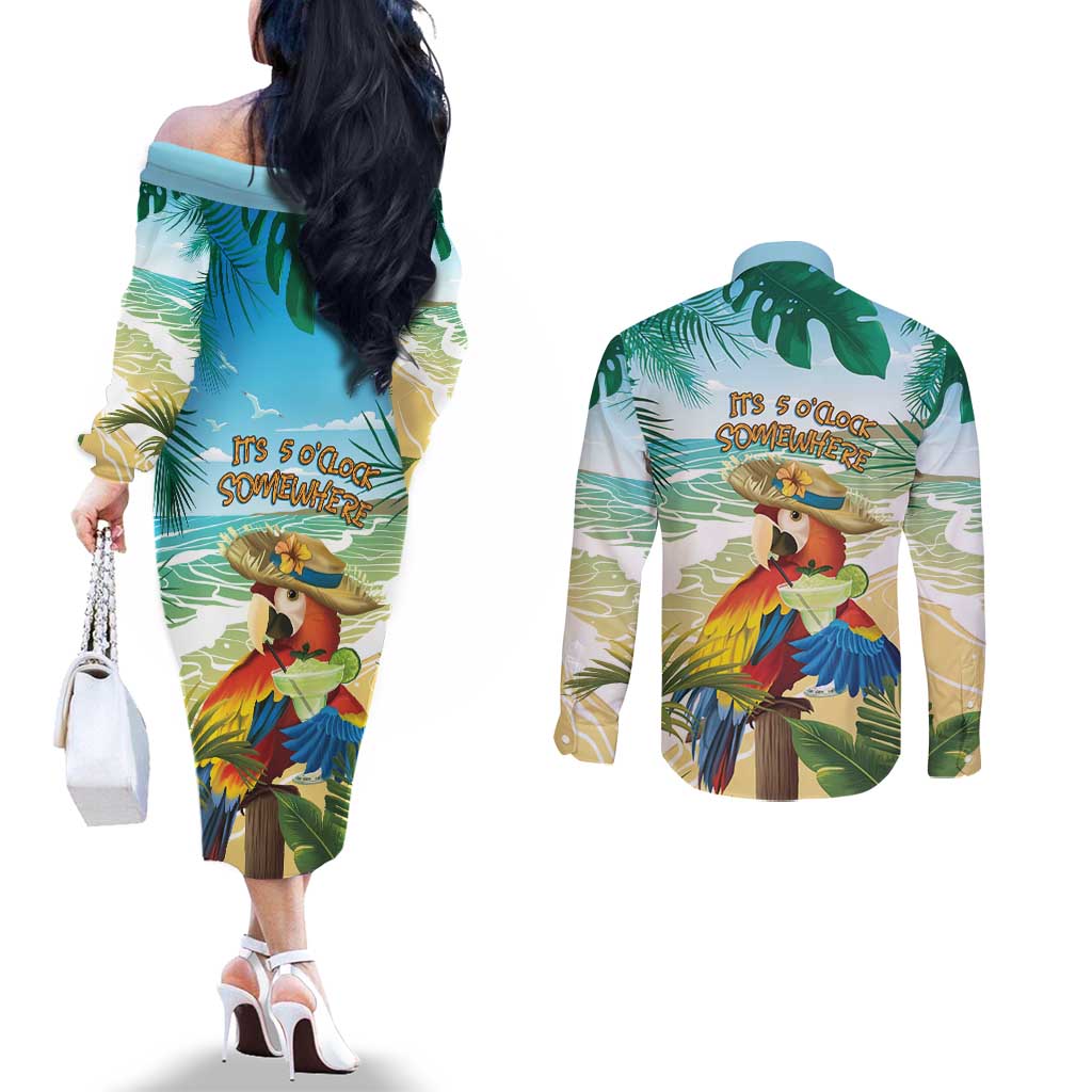 Aloha Hawaii It's 5 o'clock Somewhere Couples Matching Off The Shoulder Long Sleeve Dress and Long Sleeve Button Shirt - Wonder Print Shop