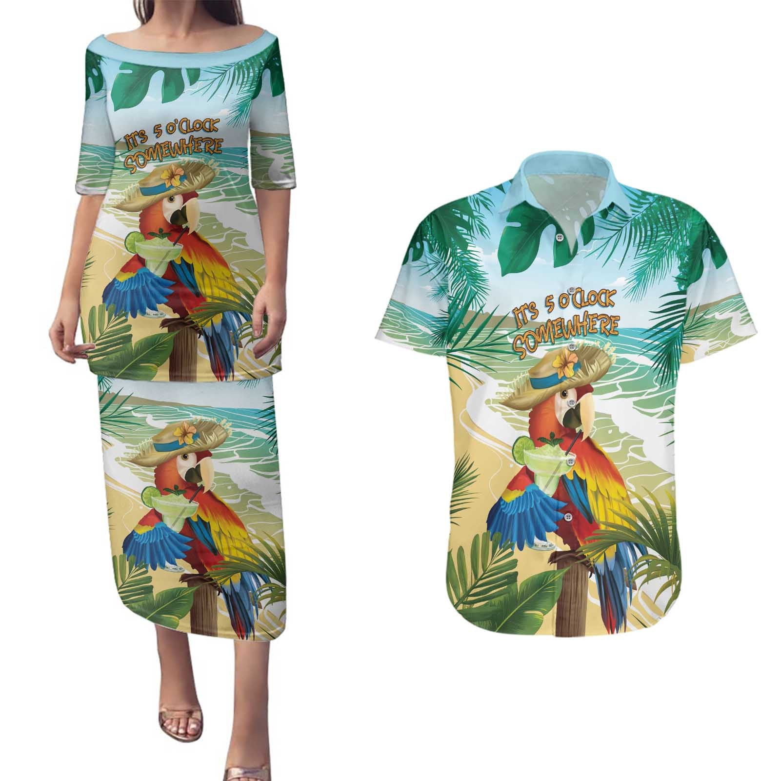 Aloha Hawaii It's 5 o'clock Somewhere Couples Matching Puletasi and Hawaiian Shirt - Wonder Print Shop