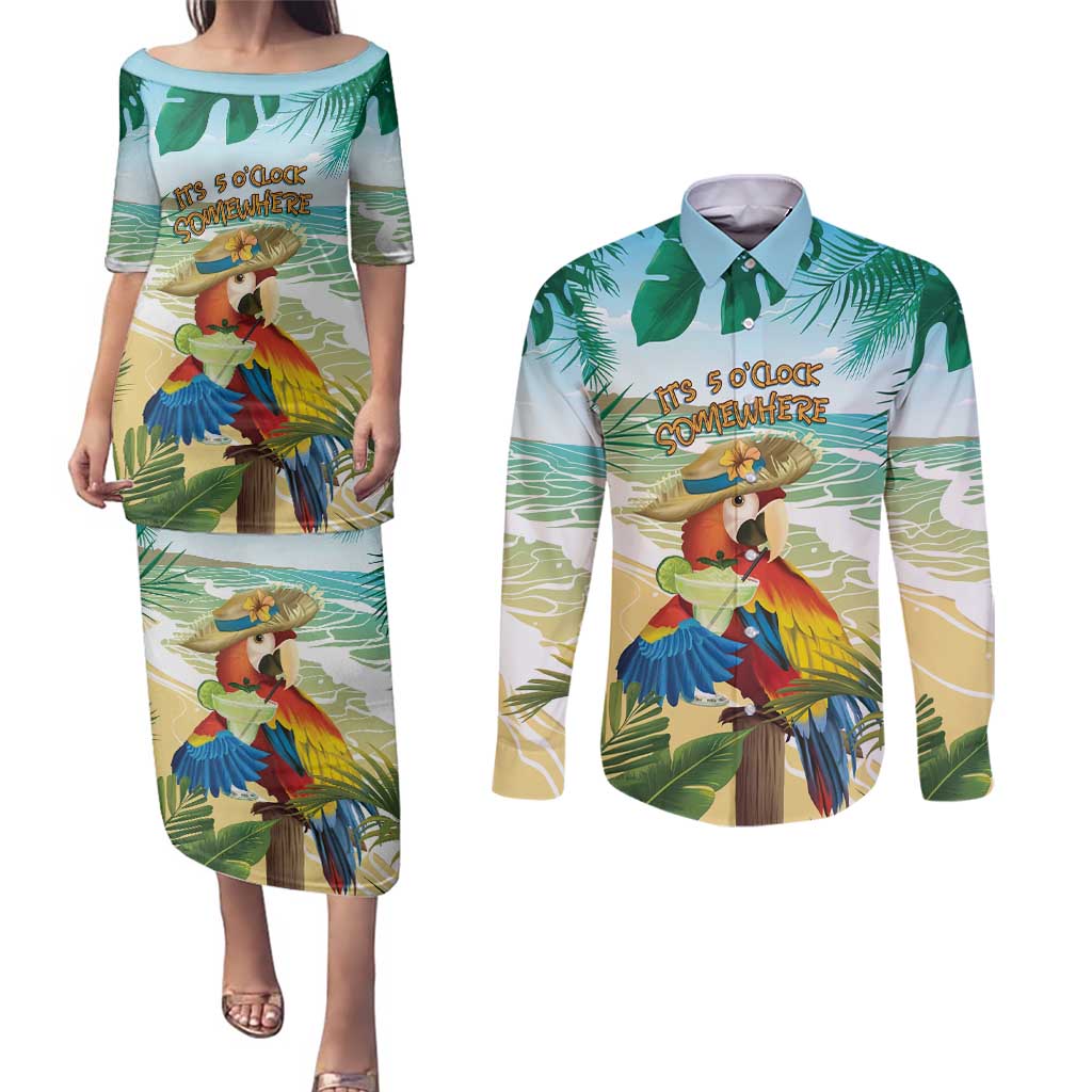 Aloha Hawaii It's 5 o'clock Somewhere Couples Matching Puletasi and Long Sleeve Button Shirt - Wonder Print Shop